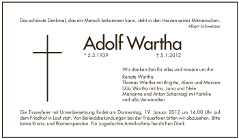 Traueranzeige von Adolf Wartha von Pegnitz-Zeitung